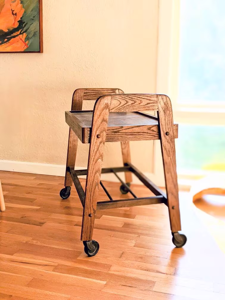 Minimal 70's Bar Cart Rolling Table Dark Wood