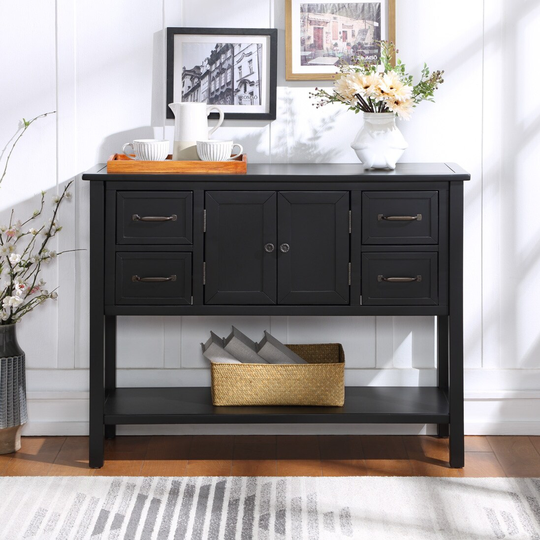 43'' Modern Sideboard Cabinet Pine Side End Table Sofa Table Console Table with 4 Drawer&1 Cabinet&1 Shelf, Black
