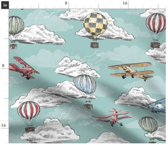Joie De Flight Hot Air Balloons Fabric By The Yard | Retro Transportation Blimp Flying Machine Balloon Ride Custom