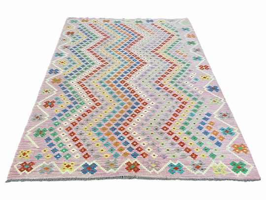 Pink Kilim Rug 6X8 Colorful Turkish 6 X 8 Flat Weave Playful Multicolor Anatolian Chobi New