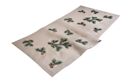Christmas Table Linen Runner - Pine Cone Pattern 100% Beige Cloth Modern New Year Style Decoration
