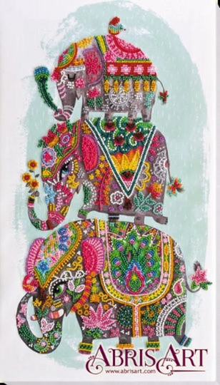 Diy Bead Embroidery Kit On Art Canvas "Three Elephants", Gift. Size 10.2"×18.1" | 26×46 cm | Abris