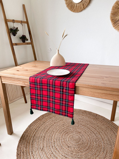 Christmas Table Runner With Tassels, Holiday Top, Scottish Decor, Tartan Runner, Centerpiece