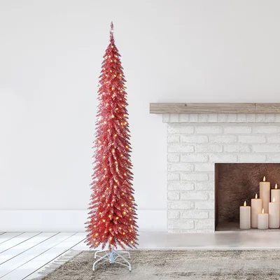 Home Heritage 7' Pencil Tinsel Artificial Prelit Christmas Tree & Stand, Pink