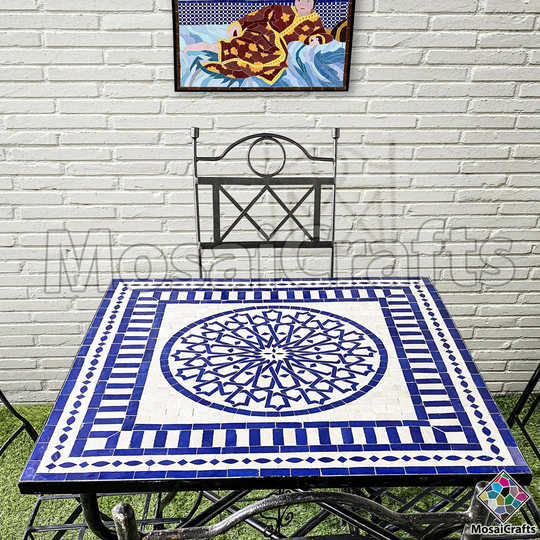 Square Mosaic Coffee Table, Custom Table Top With Metal Base, Blue Square Moroccan Tile Forming Arabesque Design
