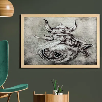 Ambesonne Tattoo Wall Art With Frame, Pencil Drawing Of A Brave Viking Warrior Armour Image Adventure, Printed Fabric Poster For Bathroom Living Room