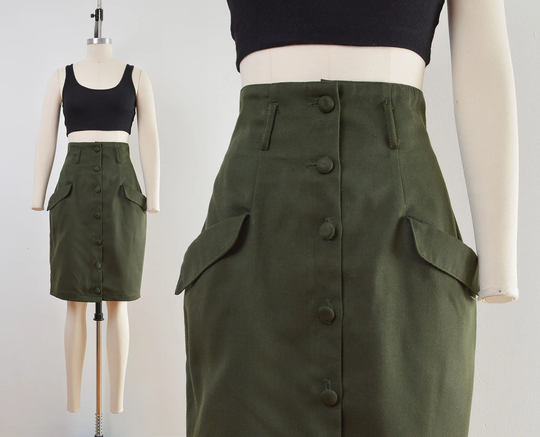 Olive Green Skirt | 80S Vintage Button Front Pencil With Pockets Small 27 Inch Waist