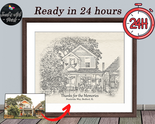 Antique Paper Pencil Sketch, Moving Away Gift, Black & White Sketch House Portrait, Realtor Closing Gift, Gift For Parents