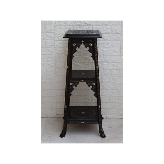 Handmade Syrian Table Stand, 40" Height Double Shelf Pedestal With Mother Of Pearl Inlay, Wood Side Table, Coffee