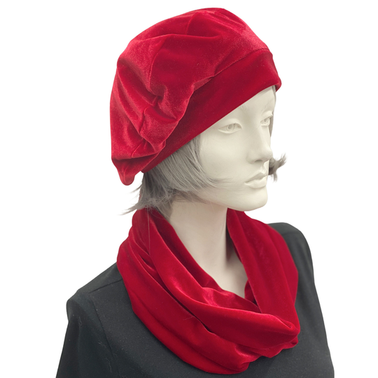 Cute Beret, Velvet Hat, Hat & Scarf Set, Matching Infinity Scarf, Satin Lined Chemo Headwear