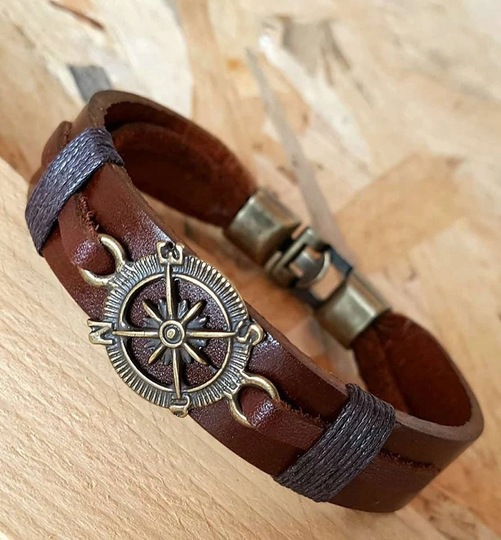 Gift For Man Leather Compass Bracelet Valentines Him Leather Men Jewelry Marine Navy Accessory