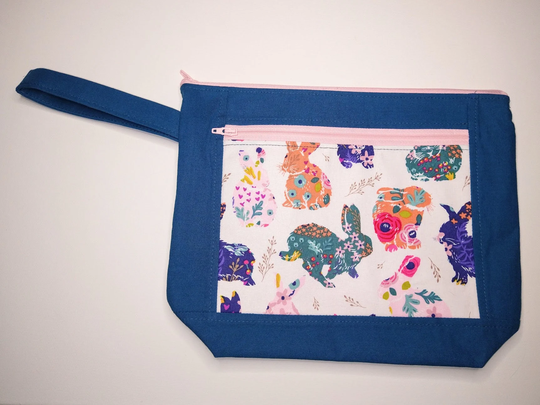 Floral Bunnies On White, Small Project Bag, Pencil Pouch, Purse, Case, Handmade, Zippered #0030