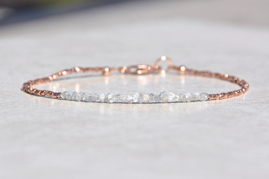 Diamond Bracelet, Raw Rough Diamond, Rose Gold Jewelry, April Birthstone, Delicate Beaded Gemstone Mothers Day Gift For Her