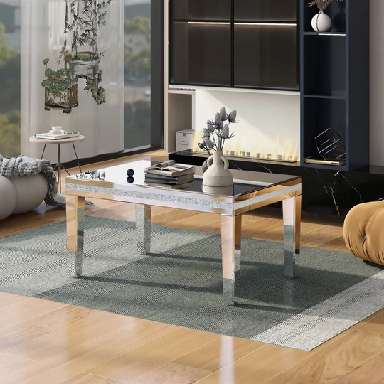 Fashionable Modern Glass Mirrored Coffee Table, Cocktail Table with Crystal Design and Adjustable Height Legs
