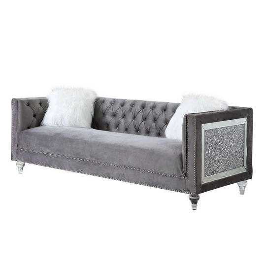 Sofa with Track Arms and Encrusted Faux Diamond Inlay, Gray