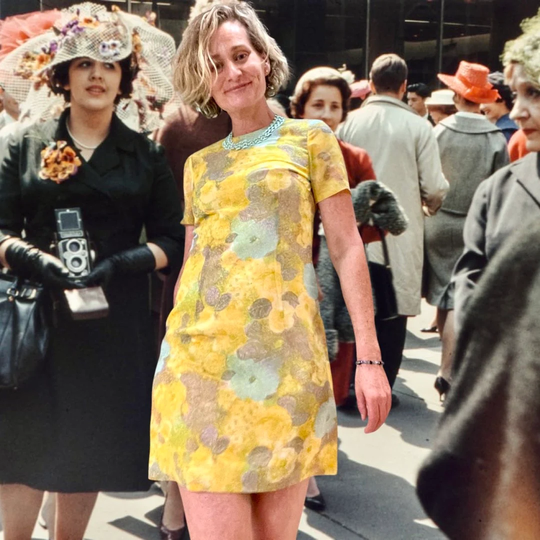 60's Silk Chiffon Water Color Yellow Floral Shift Dress