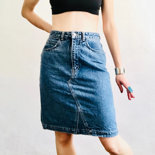 80S Vtg Stonewashed High Waisted Denim Jean Mini Pencil Skirt Size Medium