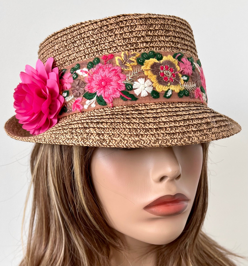 Tan Straw Hat With Pink Flower, Women Hat, Church Boho Bohemian Summer S/M 22" Up To 23" Ready Ship