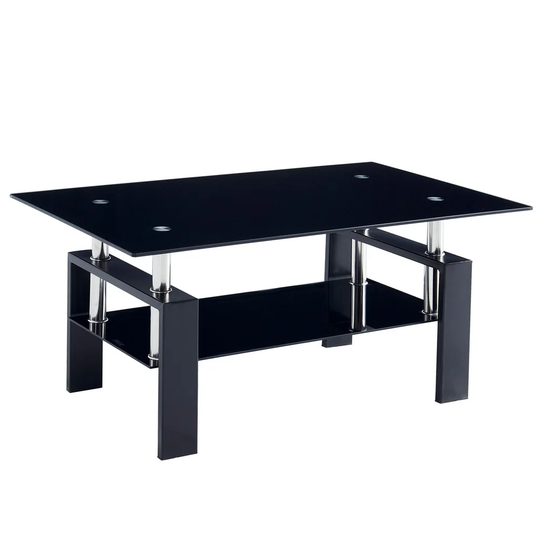Glass Coffee Table with Lower Shelf, Clear Rectangle Glass Coffee Table