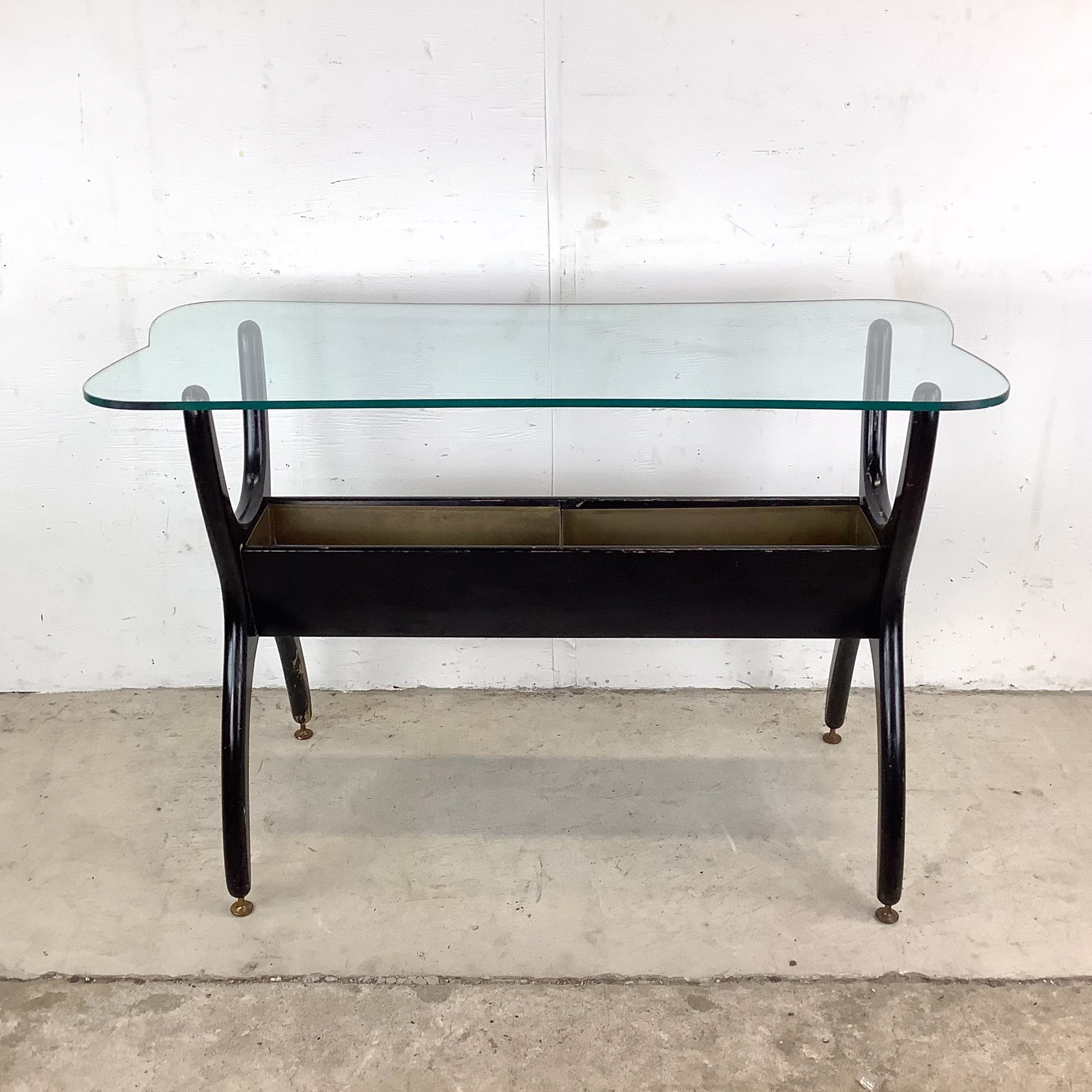 Mid-Century Sculptural Console Table With Brass Planters