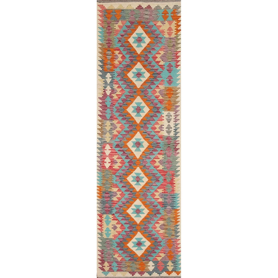 Geometric Kilim Colorful Runner Rug Hand-woven Wool Carpet - 2'5"x 9'7"