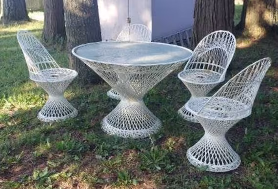 Vintage Russell Woodard Web Spun Fiberglass Patio Set - 4 Chairs & Round Table