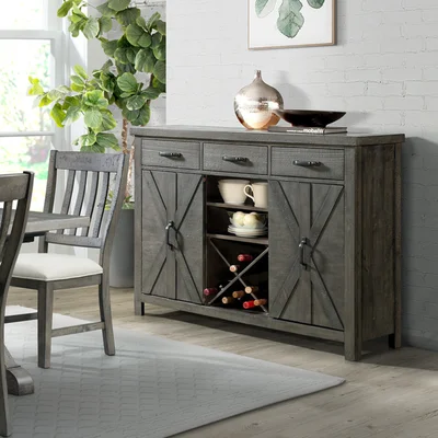 Sunset Trading Trestle Server With 20 Bottle Wine Rack | Sideboard Dining Storage Cabinet Shelves Drawers | Distressed Gray Wood