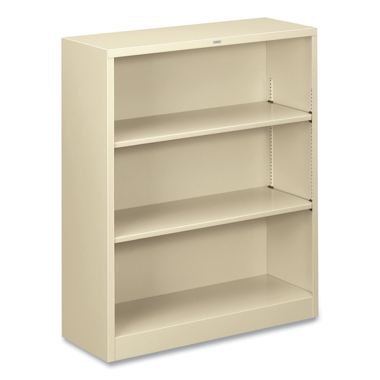 Metal Bookcase, Three-Shelf, 34.5 x 12.63 x 41, Putty - 34.5" x 12.63" x 41"