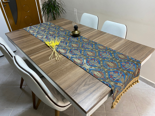 Blue Tulip Pattern Turkish Table Runner, Long Boho Wedding Decor, Red Carnation Farmhouse Rustic Rnr371