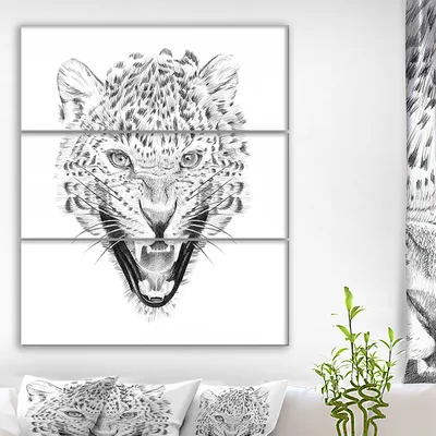'Pencil Leopard Sketch in Black and White' Drawing Print Multi-Piece Image on Canvas