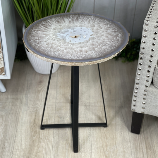 Natural Brazilian Agate Side Table, Single Slice On A Black Metal Base, 22" Tall #1306-0025 By Brazil Gems
