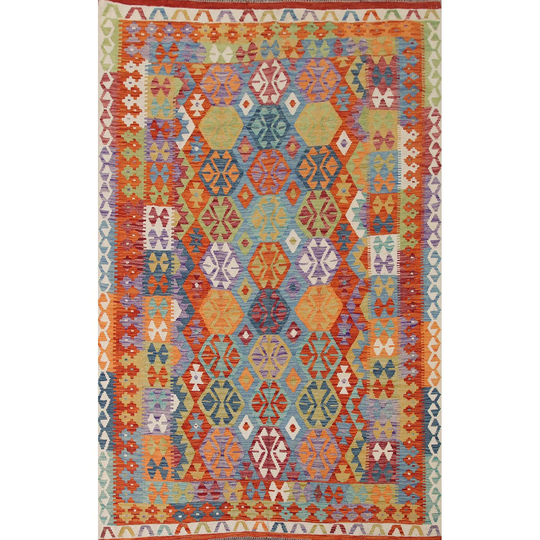Reversible Kilim Rug Flatweave Geometric Multi-Color Wool Carpet - 6'9"x9'4"