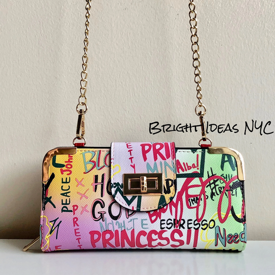 Vegan Leather Graffiti Print Cross Body Organizer Wallet Purse, Neon Abstract Bag, Graffiti, Convertible Shoulder Strap, Gold Metal Hardware