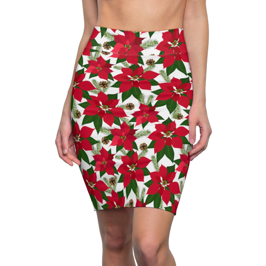 Poinsettia Womens Skirt, Christmas Pencil Stretchy Plus Size Teen Skirt