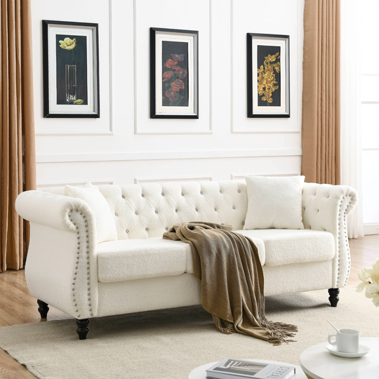 80" Chesterfield Sofa White Teddy, Tufted Couch with Rolled Arms and Nailhead for Living Room, Bedroom, Office with two Pillows