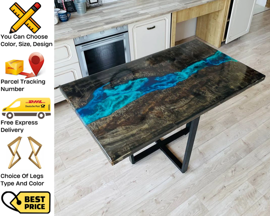 Epoxy Kitchen Table, Banquet Tables, Decor, Dining Black Resin River Center Desk