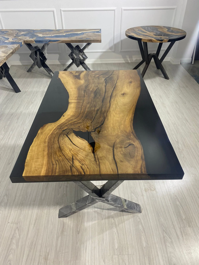 Epoxy Table, Dining Walnut River Custom 57" X 34" Wood Black Order For Jill