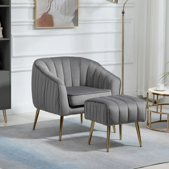 Velvet Accent Chair with Ottoman, Modern Tufted Barrel Chair Ottoman Set for Living Room Bedroom, Golden Finished