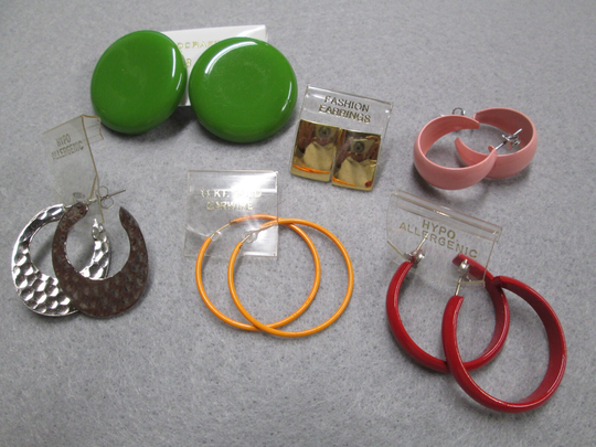 6 Pair Vintage 70's Various Color Hoop Earrings> All New Old Stock, Never Worn> Pierced> Great Colors