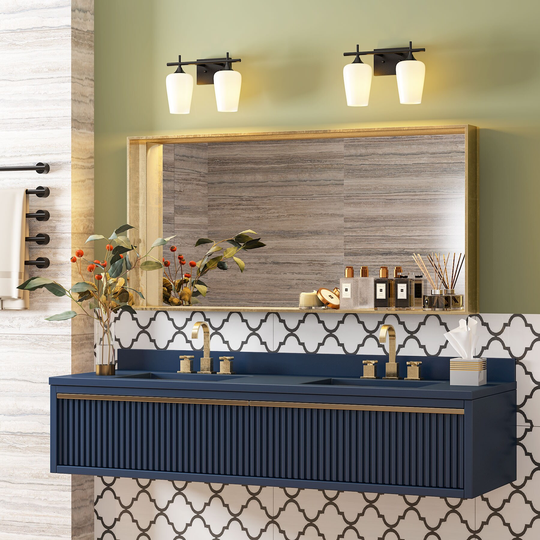 Bathroom 2-Light Vanity Light with White Glass Shade, Wall Lighting Fixture for Restroom