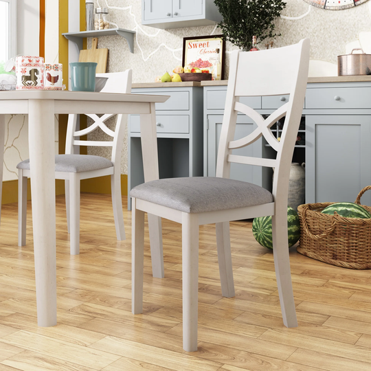 Farmhouse Rustic 4-piece Kitchen Dining Chairs Wood Dining Bench Light Grey Fabric Upholstered Chairs with Rubber Wood Leg