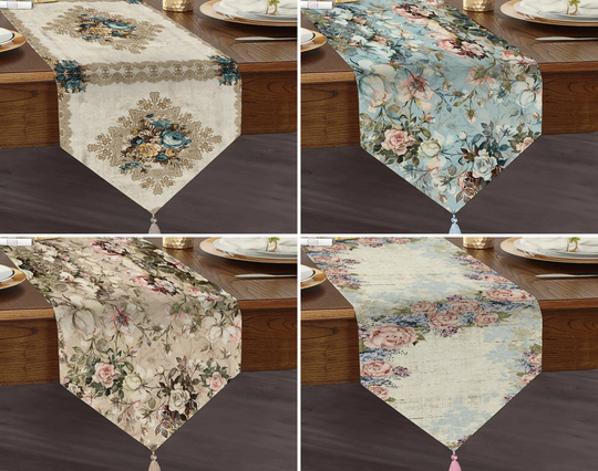Pale Pink Rose Table Runner, Triangle Dining Deluxe Flower Runner With Tassel, Floral Home Decoration