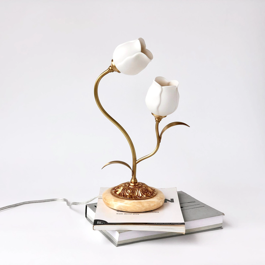 White Ceramic Table Lamp - Flower Desk Brass Made Art Nouveau For Home Bedroom Decor, College Dorm Decor Girls