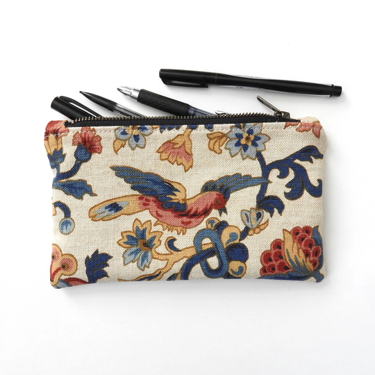 Linen Pencil Case, Medium Zipper Pouch, Vintage Bird Fabric