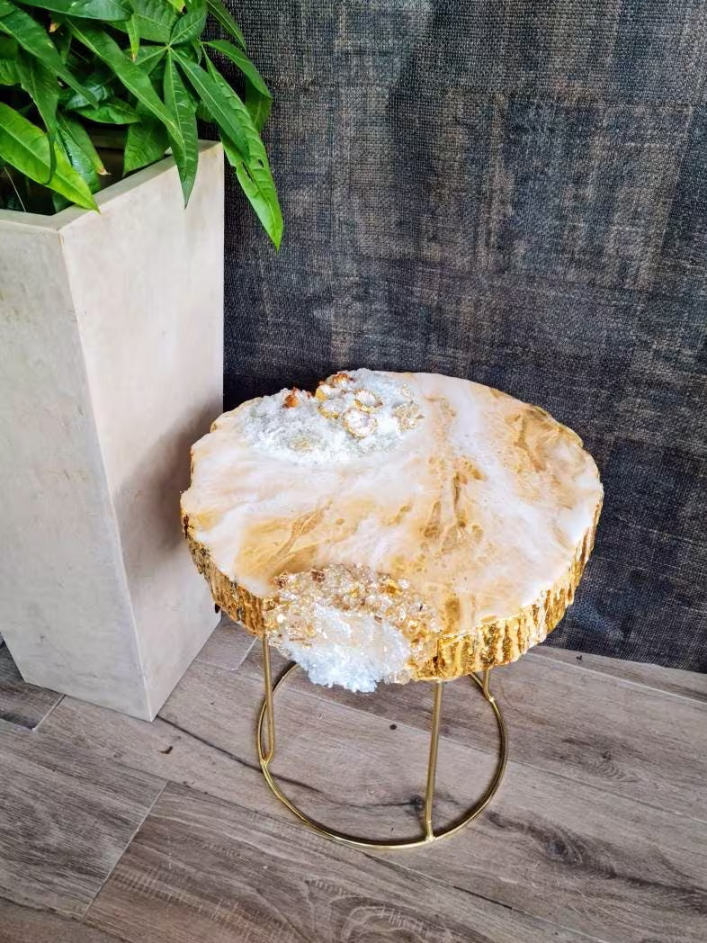 Luxury Geode Accent Resin Coffee Table, Live Edge Agate End Epoxy White & Gold Crystal Decorative Table