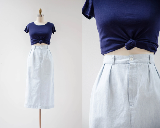 Light Blue Cotton Skirt | 80S 90S Vintage Longline Pencil Wiggle Midi