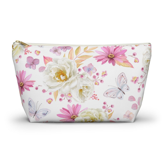 Spring Butterflies & Roses Accessory Pouch W T-Bottom Makeup Cute Small Floral Pencil Zipper Make Up Bag Carry All