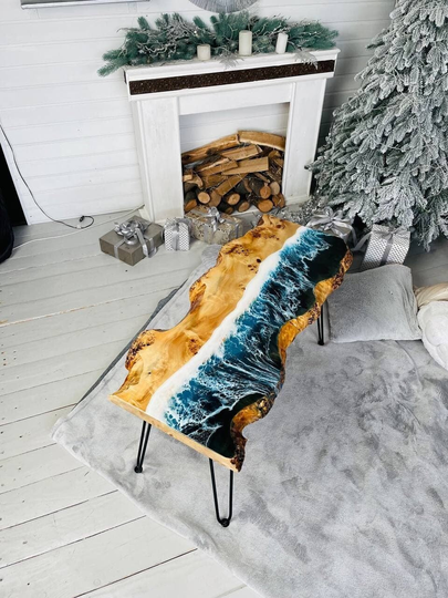 Wooden Coffee Table, Wood Table Top, Natural Epoxy Resin Art, Live Edge Beach Tables, Handmade