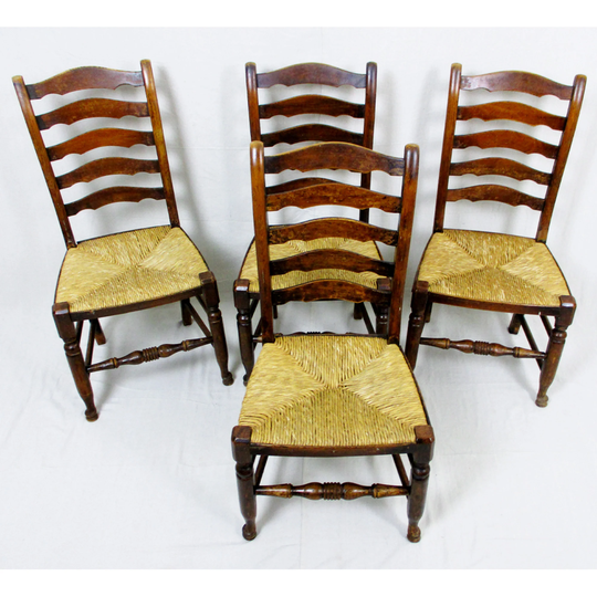 Antique English Ladder Back Dining Chairs With Pad Feet & Rush Seats - Set Of 4