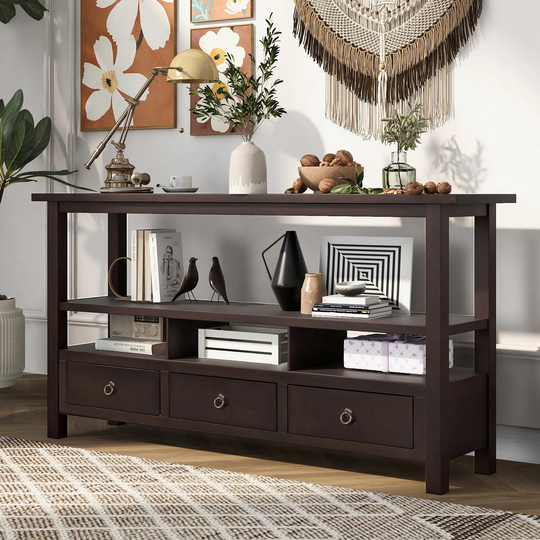 Classic Rustic Solid Wood Console Table Double-Storey Tabletop with 3 Drawers, Modern Simplicity Sofa Table for Living Room